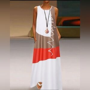 Maxi Dress - White, Beige, Red abstract print. Size M